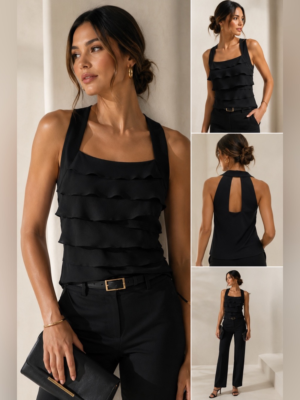 WHITE HOUSE BLACK MARKET Black Tiered Ruffle Sleeveless Top Size Medium - Picture 2 of 13